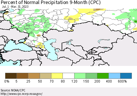 Russian Federation Percent of Normal Precipitation 9-Month (CPC) Thematic Map For 7/1/2022 - 3/31/2023
