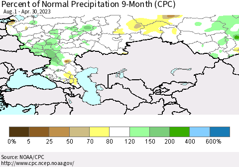 Russian Federation Percent of Normal Precipitation 9-Month (CPC) Thematic Map For 8/1/2022 - 4/30/2023