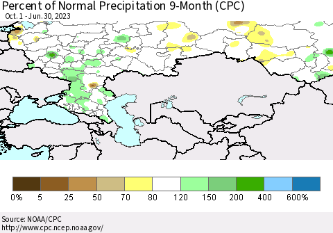 Russian Federation Percent of Normal Precipitation 9-Month (CPC) Thematic Map For 10/1/2022 - 6/30/2023