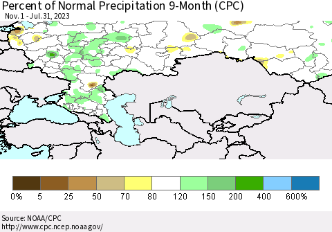 Russian Federation Percent of Normal Precipitation 9-Month (CPC) Thematic Map For 11/1/2022 - 7/31/2023