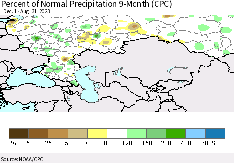 Russian Federation Percent of Normal Precipitation 9-Month (CPC) Thematic Map For 12/1/2022 - 8/31/2023
