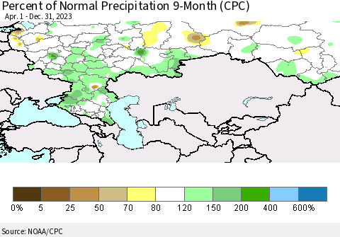 Russian Federation Percent of Normal Precipitation 9-Month (CPC) Thematic Map For 4/1/2023 - 12/31/2023