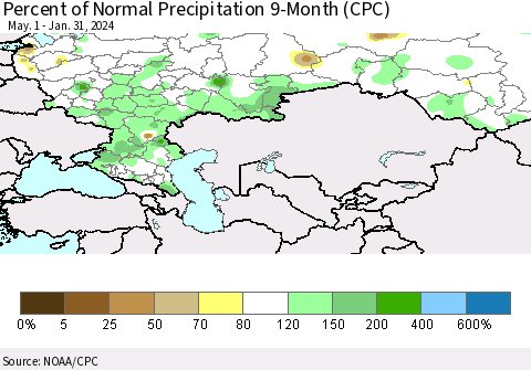Russian Federation Percent of Normal Precipitation 9-Month (CPC) Thematic Map For 5/1/2023 - 1/31/2024