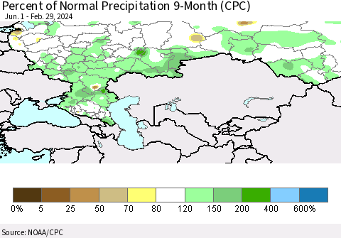 Russian Federation Percent of Normal Precipitation 9-Month (CPC) Thematic Map For 6/1/2023 - 2/29/2024