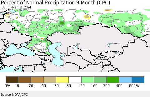 Russian Federation Percent of Normal Precipitation 9-Month (CPC) Thematic Map For 7/1/2023 - 3/31/2024
