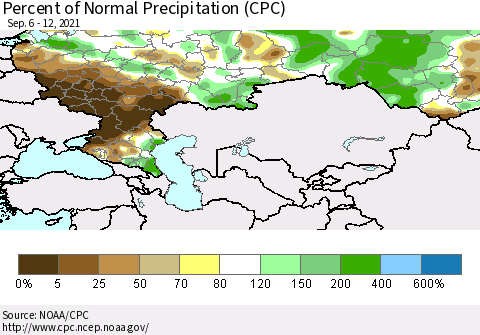 Russian Federation Percent of Normal Precipitation (CPC) Thematic Map For 9/6/2021 - 9/12/2021