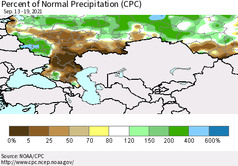 Russian Federation Percent of Normal Precipitation (CPC) Thematic Map For 9/13/2021 - 9/19/2021
