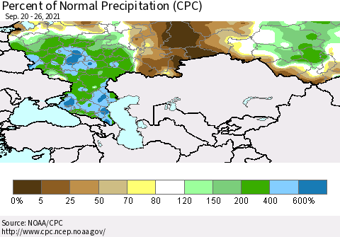 Russian Federation Percent of Normal Precipitation (CPC) Thematic Map For 9/20/2021 - 9/26/2021