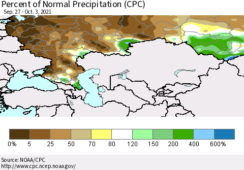 Russian Federation Percent of Normal Precipitation (CPC) Thematic Map For 9/27/2021 - 10/3/2021