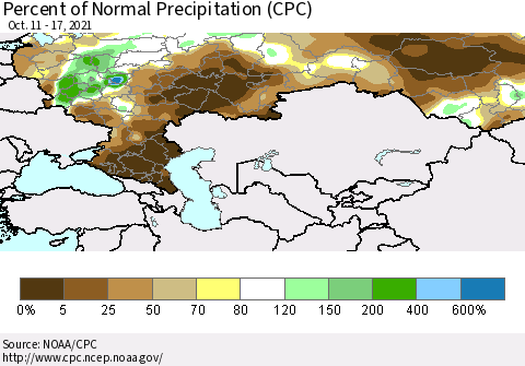 Russian Federation Percent of Normal Precipitation (CPC) Thematic Map For 10/11/2021 - 10/17/2021