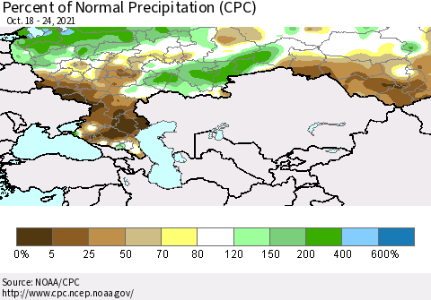 Russian Federation Percent of Normal Precipitation (CPC) Thematic Map For 10/18/2021 - 10/24/2021