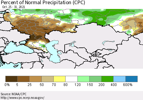 Russian Federation Percent of Normal Precipitation (CPC) Thematic Map For 10/25/2021 - 10/31/2021