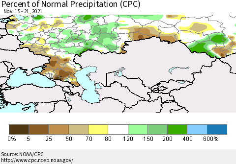 Russian Federation Percent of Normal Precipitation (CPC) Thematic Map For 11/15/2021 - 11/21/2021