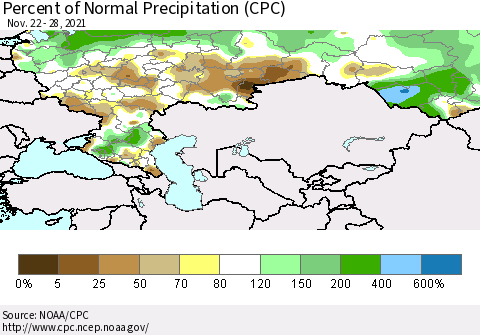 Russian Federation Percent of Normal Precipitation (CPC) Thematic Map For 11/22/2021 - 11/28/2021
