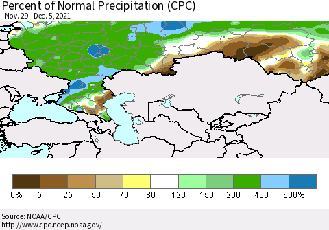 Russian Federation Percent of Normal Precipitation (CPC) Thematic Map For 11/29/2021 - 12/5/2021