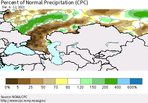 Russian Federation Percent of Normal Precipitation (CPC) Thematic Map For 12/6/2021 - 12/12/2021