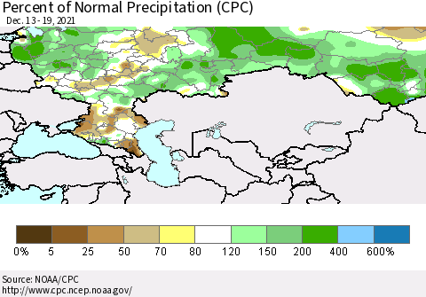 Russian Federation Percent of Normal Precipitation (CPC) Thematic Map For 12/13/2021 - 12/19/2021