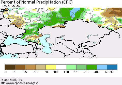 Russian Federation Percent of Normal Precipitation (CPC) Thematic Map For 12/20/2021 - 12/26/2021