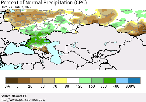 Russian Federation Percent of Normal Precipitation (CPC) Thematic Map For 12/27/2021 - 1/2/2022