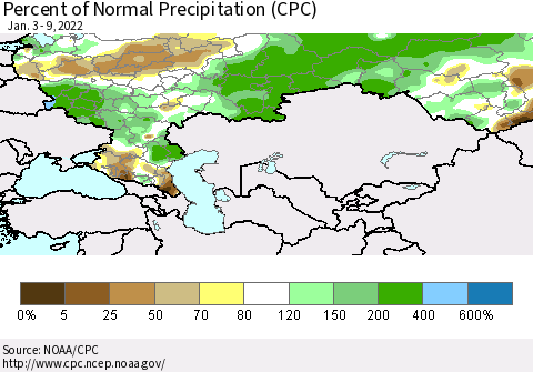 Russian Federation Percent of Normal Precipitation (CPC) Thematic Map For 1/3/2022 - 1/9/2022
