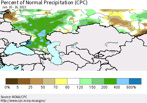 Russian Federation Percent of Normal Precipitation (CPC) Thematic Map For 1/10/2022 - 1/16/2022