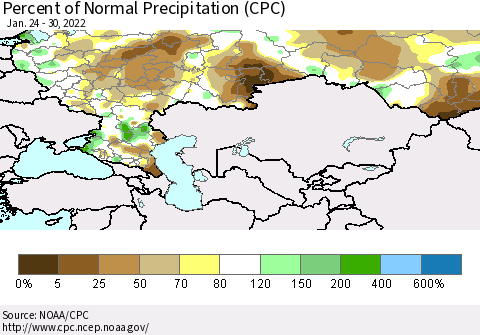 Russian Federation Percent of Normal Precipitation (CPC) Thematic Map For 1/24/2022 - 1/30/2022