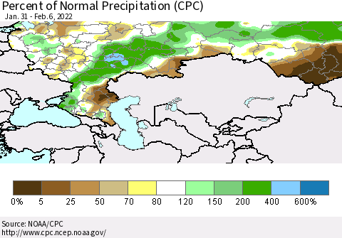 Russian Federation Percent of Normal Precipitation (CPC) Thematic Map For 1/31/2022 - 2/6/2022