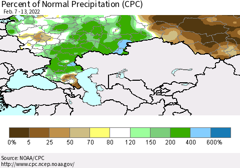 Russian Federation Percent of Normal Precipitation (CPC) Thematic Map For 2/7/2022 - 2/13/2022