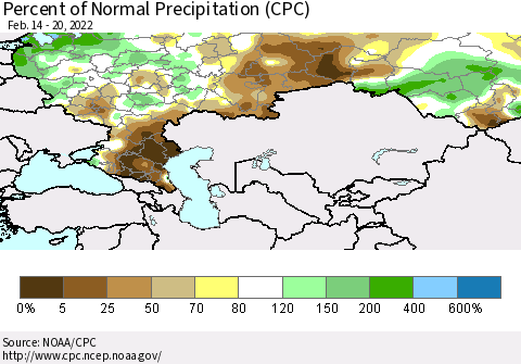 Russian Federation Percent of Normal Precipitation (CPC) Thematic Map For 2/14/2022 - 2/20/2022