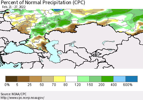 Russian Federation Percent of Normal Precipitation (CPC) Thematic Map For 2/21/2022 - 2/27/2022
