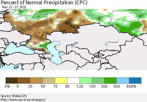Russian Federation Percent of Normal Precipitation (CPC) Thematic Map For 3/21/2022 - 3/27/2022