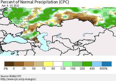 Russian Federation Percent of Normal Precipitation (CPC) Thematic Map For 4/4/2022 - 4/10/2022