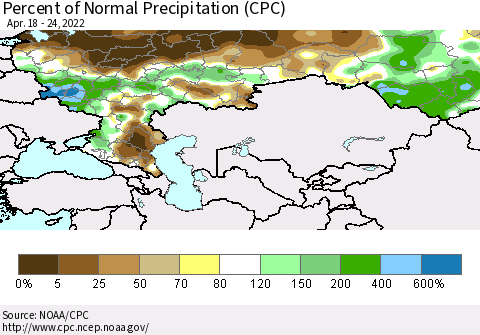 Russian Federation Percent of Normal Precipitation (CPC) Thematic Map For 4/18/2022 - 4/24/2022