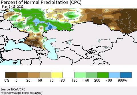 Russian Federation Percent of Normal Precipitation (CPC) Thematic Map For 5/9/2022 - 5/15/2022