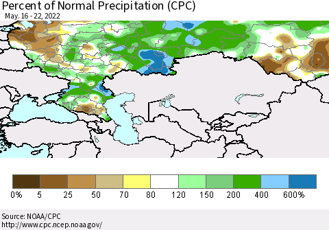 Russian Federation Percent of Normal Precipitation (CPC) Thematic Map For 5/16/2022 - 5/22/2022