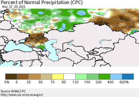 Russian Federation Percent of Normal Precipitation (CPC) Thematic Map For 5/23/2022 - 5/29/2022