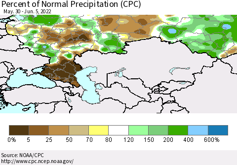 Russian Federation Percent of Normal Precipitation (CPC) Thematic Map For 5/30/2022 - 6/5/2022