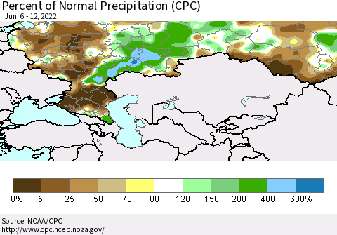 Russian Federation Percent of Normal Precipitation (CPC) Thematic Map For 6/6/2022 - 6/12/2022