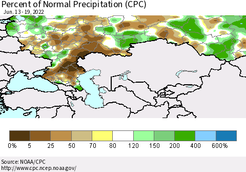 Russian Federation Percent of Normal Precipitation (CPC) Thematic Map For 6/13/2022 - 6/19/2022