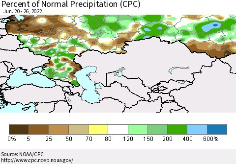 Russian Federation Percent of Normal Precipitation (CPC) Thematic Map For 6/20/2022 - 6/26/2022