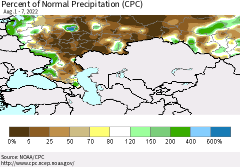 Russian Federation Percent of Normal Precipitation (CPC) Thematic Map For 8/1/2022 - 8/7/2022