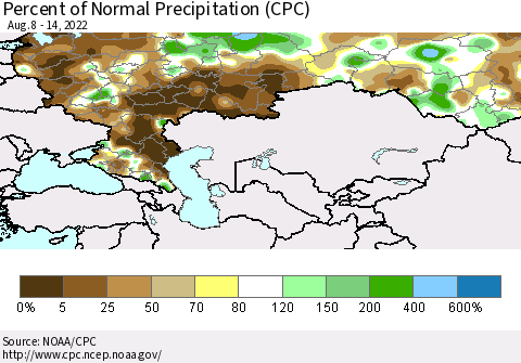 Russian Federation Percent of Normal Precipitation (CPC) Thematic Map For 8/8/2022 - 8/14/2022