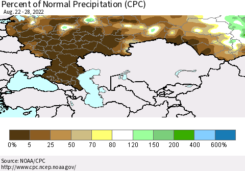 Russian Federation Percent of Normal Precipitation (CPC) Thematic Map For 8/22/2022 - 8/28/2022