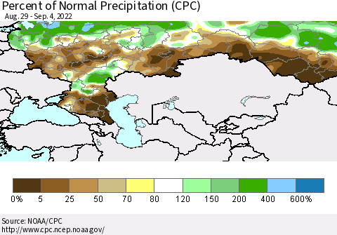 Russian Federation Percent of Normal Precipitation (CPC) Thematic Map For 8/29/2022 - 9/4/2022
