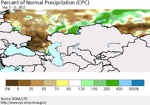 Russian Federation Percent of Normal Precipitation (CPC) Thematic Map For 9/5/2022 - 9/11/2022
