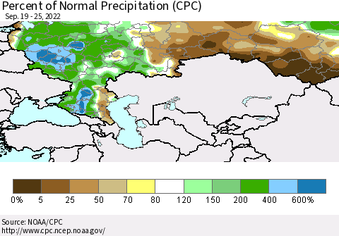 Russian Federation Percent of Normal Precipitation (CPC) Thematic Map For 9/19/2022 - 9/25/2022