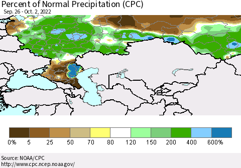 Russian Federation Percent of Normal Precipitation (CPC) Thematic Map For 9/26/2022 - 10/2/2022