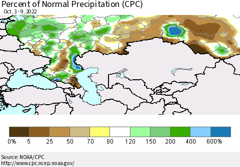 Russian Federation Percent of Normal Precipitation (CPC) Thematic Map For 10/3/2022 - 10/9/2022