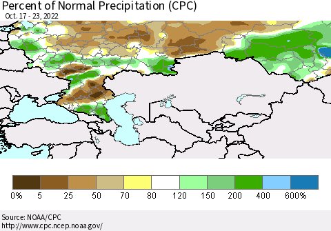 Russian Federation Percent of Normal Precipitation (CPC) Thematic Map For 10/17/2022 - 10/23/2022