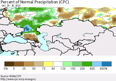 Russian Federation Percent of Normal Precipitation (CPC) Thematic Map For 10/24/2022 - 10/30/2022